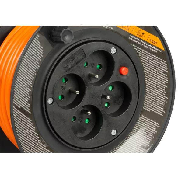 Kábeldob, Strend Pro DG-FB04, 15 m, narancssárga, 4 aljzat, 230 V, 1,5 mm2, maximum 3000 W