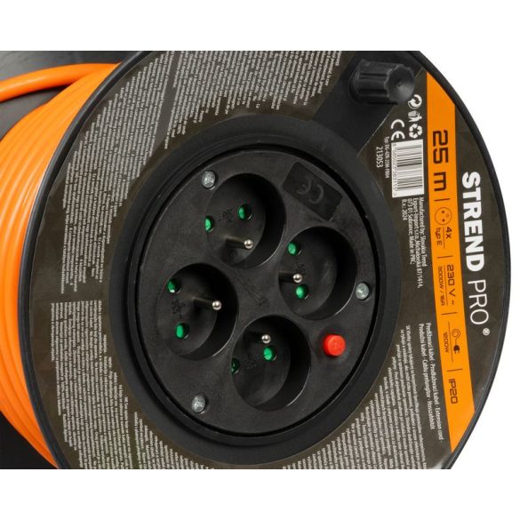 Kábeldob, Strend Pro DG-FB04, 25 m, narancssárga, 4 aljzat, 230 V, 1,5 mm2, maximum 3680 W