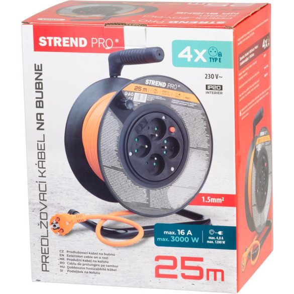 Kábeldob, Strend Pro DG-FB04, 25 m, narancssárga, 4 aljzat, 230 V, 1,5 mm2, maximum 3680 W