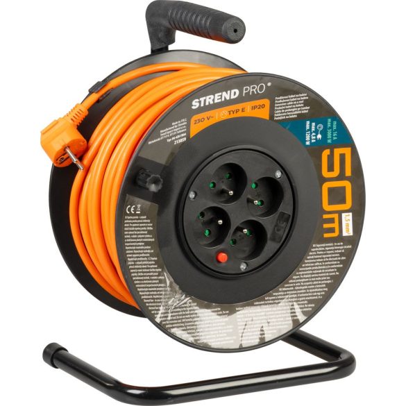Kábeldob, Strend Pro DG-FB04, 50 m, narancssárga, 4 aljzat, 230 V, 1,5 mm2, maximum 3680 W