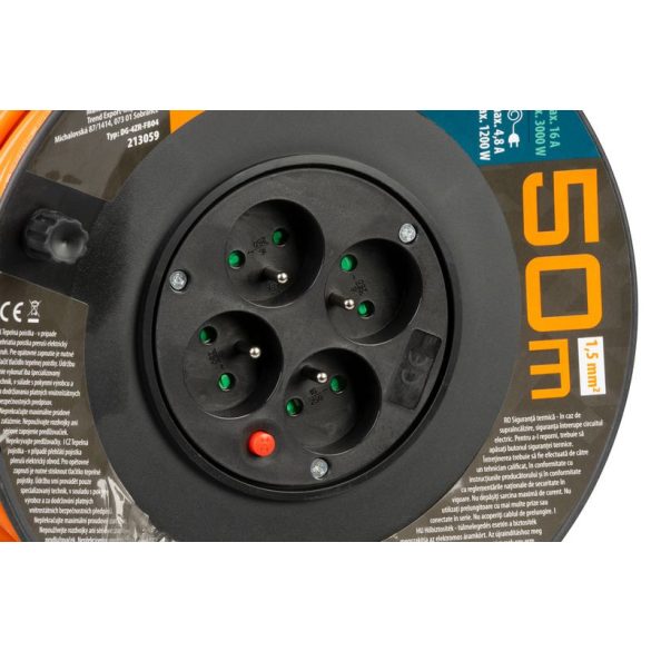 Kábeldob, Strend Pro DG-FB04, 50 m, narancssárga, 4 aljzat, 230 V, 1,5 mm2, maximum 3680 W