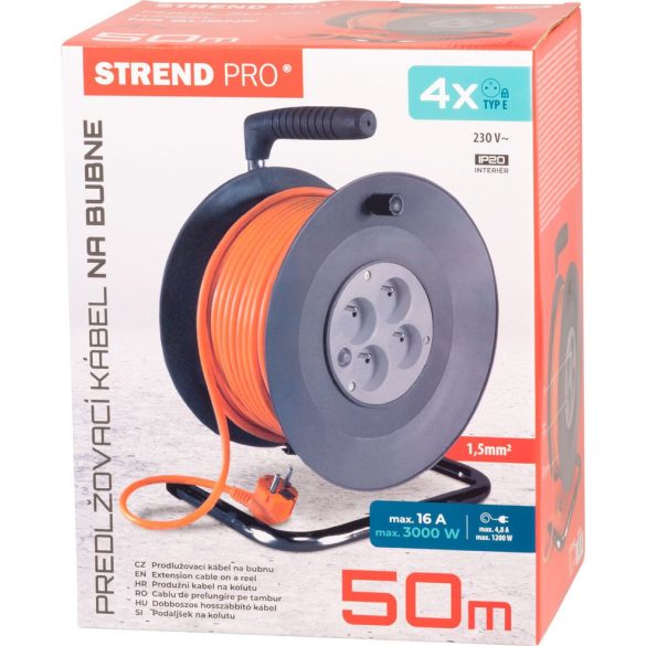 Kábeldob, Strend Pro DG-FB04, 50 m, narancssárga, 4 aljzat, 230 V, 1,5 mm2, maximum 3680 W