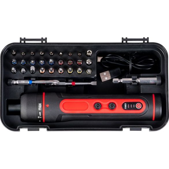 Akkumulátoros csavarhúzó, Strend Pro P09E2151, fekete/piros, 3 Nm, 0-350 fordulat/perc, 3,6 V Li-Ion, USB-C töltés, 27 darabos bitkészlet, hordtáskában