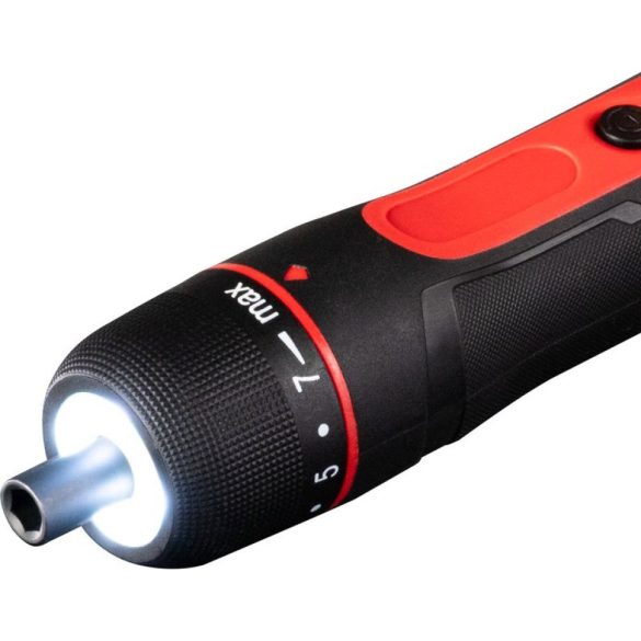 Akkumulátoros csavarhúzó, Strend Pro P09E2151, fekete/piros, 3 Nm, 0-350 fordulat/perc, 3,6 V Li-Ion, USB-C töltés, 27 darabos bitkészlet, hordtáskában