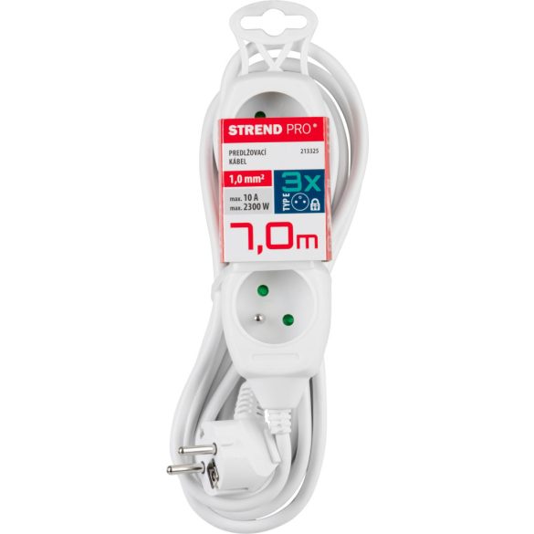 Hosszabbítós elosztó, Strend Pro DG-F803B, 7 m, fehér, 3 aljzat, új kiadás, otthoni és irodai használatra