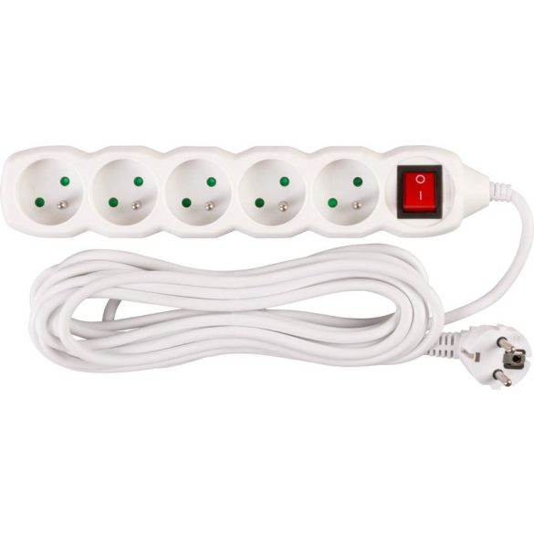 Hosszabbítós elosztó kapcsolóval, Strend Pro DG-F805BK, 5 m, fehér, 5 aljzat, új kiadás, otthoni és irodai használatra