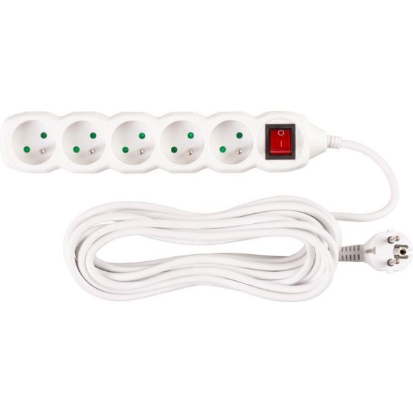 Hosszabbítós elosztó kapcsolóval, Strend Pro DG-F805BK, 7 m, fehér, 5 aljzat, új kiadás, otthoni és irodai használatra