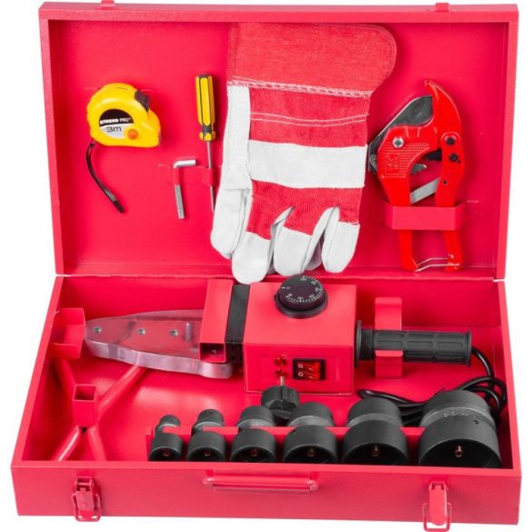 Polifúziós hegesztőgép, Strend Pro PPR 63B, piros/fekete, 6 db 20 - 63 mm fűtőpofával, műanyag csövekhez, 1500 W, maximum 300°C, 14 részes készlet