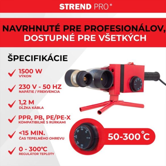 Polifúziós hegesztőgép, Strend Pro PPR 63B, piros/fekete, 6 db 20 - 63 mm fűtőpofával, műanyag csövekhez, 1500 W, maximum 300°C, 14 részes készlet