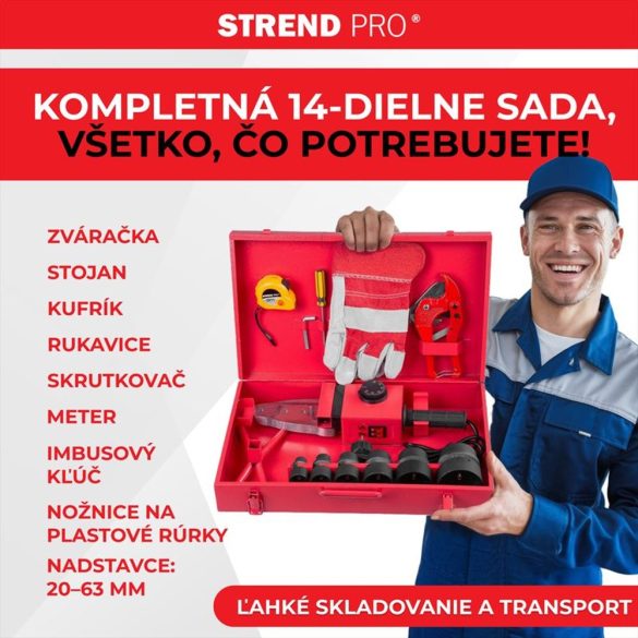 Polifúziós hegesztőgép, Strend Pro PPR 63B, piros/fekete, 6 db 20 - 63 mm fűtőpofával, műanyag csövekhez, 1500 W, maximum 300°C, 14 részes készlet