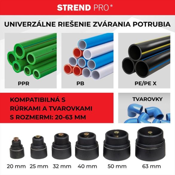 Polifúziós hegesztőgép, Strend Pro PPR 63B, piros/fekete, 6 db 20 - 63 mm fűtőpofával, műanyag csövekhez, 1500 W, maximum 300°C, 14 részes készlet