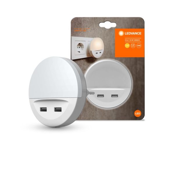 Éjszakai lámpa, Ledvance Lunetta USB, 3 lm, 3000 K, konnektorba dugható, 2x USB töltőport, beépített nappal-éjszaka érzékelő, LED, energiatakarékos