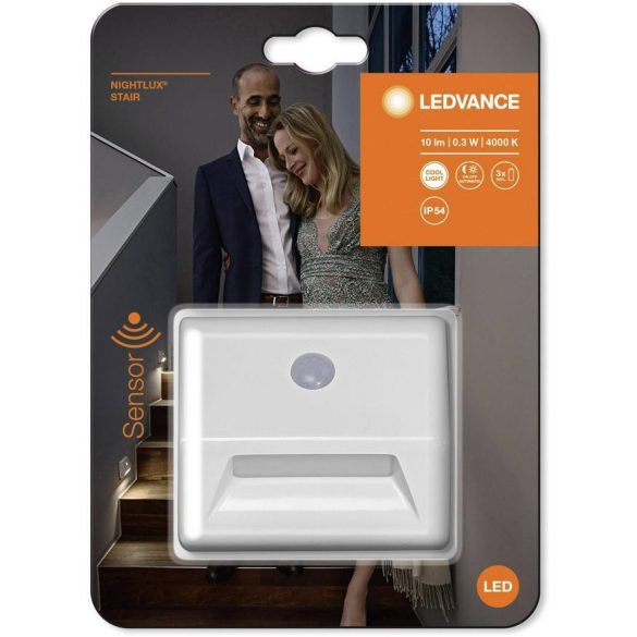 Éjszakai lámpa, Ledvance Nightlux Stair, 8,4 x 2,8 x 7,3 cm, fehér, mozgásérzékelős, fényérzékelős, beltéri/kültéri, LED, elemes (3 x AAA)