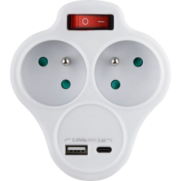 USB-s elosztó kapcsolóval, Strend Pro, 2 aljzat, fehér, 2 × 16 A, 230 V, USB-A és USB-C, kompakt kialakítás, otthoni és irodai használatra