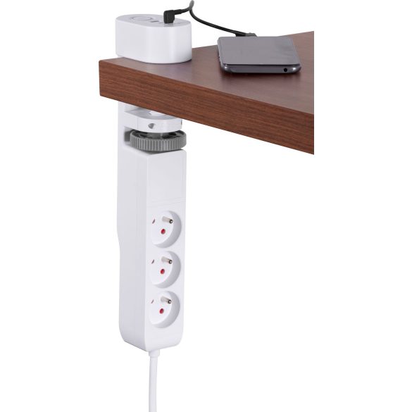 USB-s hosszabbítós elosztó, Strend Pro, 1,4 m, fehér, 6 az 1-ben, 3 aljzat, 2 × USB-A, 1 × USB-C, asztalra rögzíthető