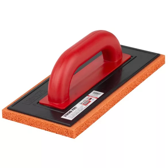 Szivacsos simító, Strend Pro Premium REDhand, fekete/piros, 28 × 14 × 1,8 cm, narancssárga finom szivacs, ABS műanyag, vakolat és fugázási munkákhoz
