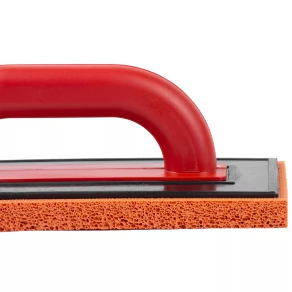 Szivacsos simító, Strend Pro Premium REDhand, fekete/piros, 28 × 14 × 1,8 cm, narancssárga finom szivacs, ABS műanyag, vakolat és fugázási munkákhoz