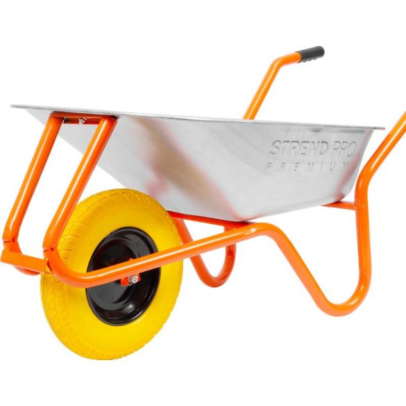 Talicska, Strend Pro Premium Fortis D-2, ezüst/narancssárga, 85 l, defektmentes poliuretán kerék, horganyzott acél puttony, 180 kg teherbírás, PVC markolat