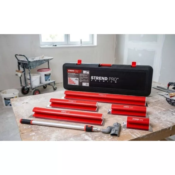 Vakolatsimító készlet, Strend Pro Premium, piros, 25–100 cm, rozsdamentes acél penge, simítótartóval, teleszkópos rúddal, hordtáskában, gletthez és gipszvakolathoz