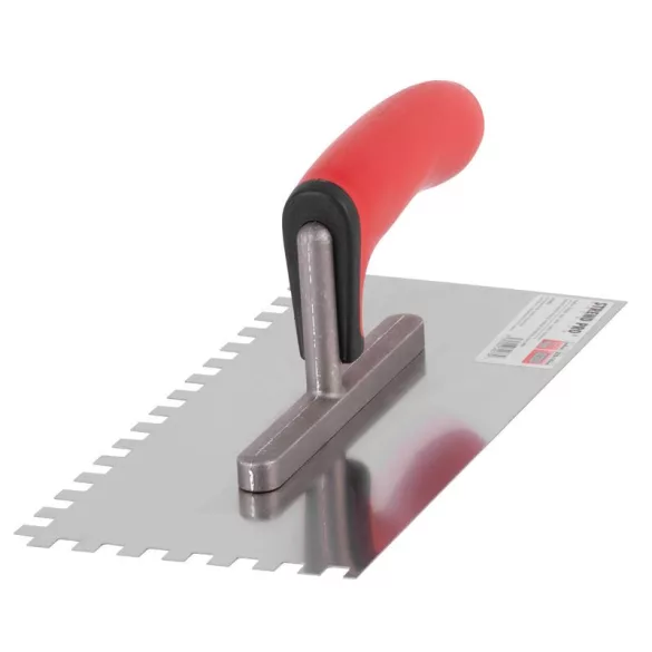 Fogazott glettvas, Strend Pro Premium Bravo Red SoftHand, piros nyél, 27 x 13 cm, fogazás: 10 mm, egyenes, rozsdamentes acél lap, műanyag markolat