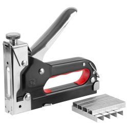   Kézi tűzőgép, szögbelövő, Strend Pro S221, ezüst/fekete, 4–14 mm / 10-12 mm kapocshossz, C / B kapcsokhoz, 10-14 mm szeghossz, 400 db kapoccsal, kárpitos