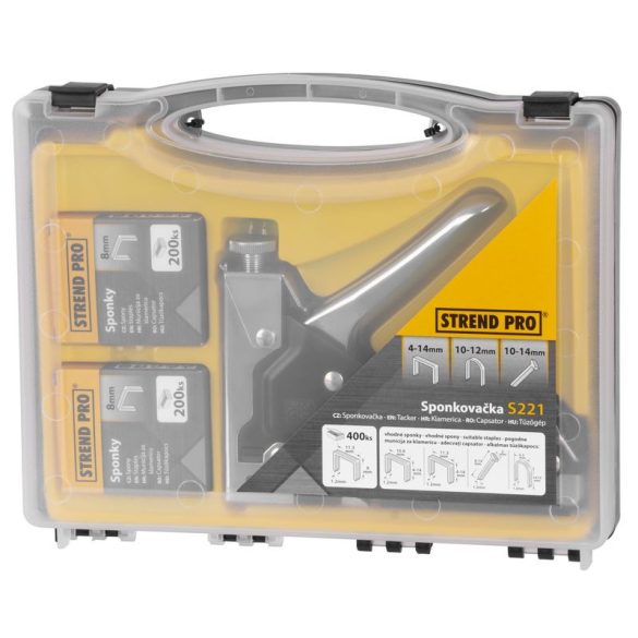 Kézi tűzőgép, szögbelövő, Strend Pro S221, ezüst/fekete, 4–14 mm / 10-12 mm kapocshossz, C / B kapcsokhoz, 10-14 mm szeghossz, 400 db kapoccsal, kárpitos