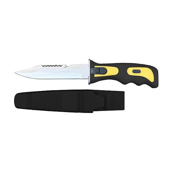 Horgászkés, Strend Pro FK002, fekete, 25 cm, övre fűzhető védőtokkal, műanyag markolat, acél penge