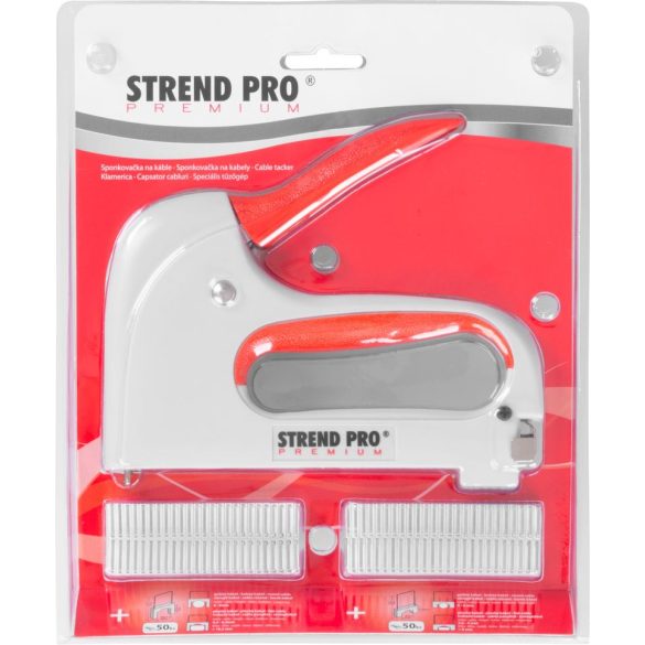 Kézi tűzőgép, Strend Pro Premium CT667, fehér, 6–8 mm kapocshossz, A típusú kapcsokhoz, műanyag burkolat, acél mechanika, kábelrögzítő