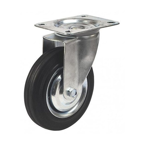 Kerék, Renost 521 XD-V125C, fekete/ezüst, átmérő: 125 mm, forgó, gumi futófelület, acél ház, acél felni, tűgörgős csapágy, maximum 100 kg teherbírás