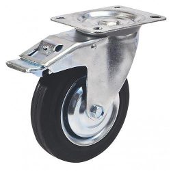   Kerék, Renost 521F XD-V100C z, fekete/ezüst, átmérő: 100 mm, forgó, fékes, gumi futófelület, acél ház, acél felni, tűgörgős csapágy, maximum 60 kg teherbírás