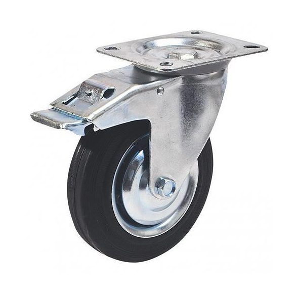 Kerék, Renost 521F XD-V100C z, fekete/ezüst, átmérő: 100 mm, forgó, fékes, gumi futófelület, acél ház, acél felni, tűgörgős csapágy, maximum 60 kg teherbírás