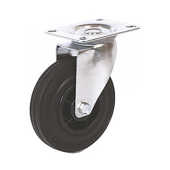 Kerék, Renost 521 NL-V100C, fekete/ezüst, átmérő: 100 mm, forgó, gumi futófelület, acél ház, PP felni, tűgörgős csapágy, maximum 60 kg teherbírás