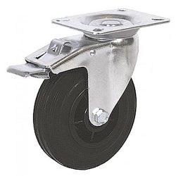   Kerék, Renost 521F NL-V125C, fekete/ezüst, átmérő: 125 mm, forgó, fékes, gumi futófelület, acél ház, PP felni, tűgörgős csapágy, maximum 100 kg teherbírás