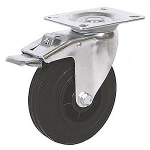 Kerék, Renost 521F NL-V125C, fekete/ezüst, átmérő: 125 mm, forgó, fékes, gumi futófelület, acél ház, PP felni, tűgörgős csapágy, maximum 100 kg teherbírás