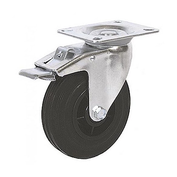 Kerék, Renost 521F NL-V125C, fekete/ezüst, átmérő: 125 mm, forgó, fékes, gumi futófelület, acél ház, PP felni, tűgörgős csapágy, maximum 100 kg teherbírás