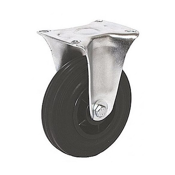 Kerék, Renost 531 NL-V125C, fekete/ezüst, átmérő: 125 mm, fix, gumi futófelület, acél ház, PP felni, tűgörgős csapágy, maximum 100 kg teherbírás