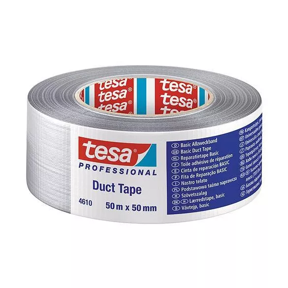 Ragasztószalag, Tesa Duct Tape, ezüst, 5 cm x 50 m, textil, kézzel téphető, háztartási és barkács feladatokra, azonnali tapadás