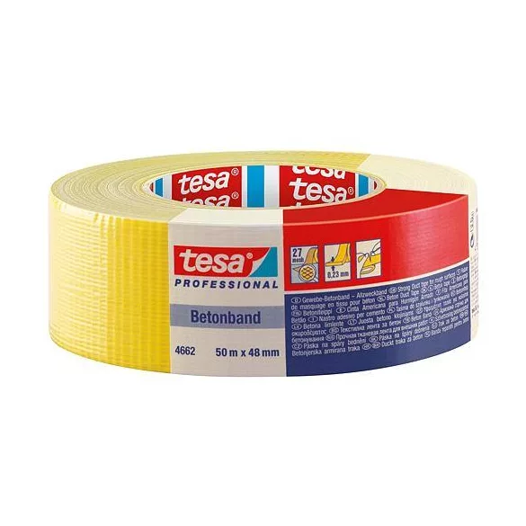 Ragasztószalag, Tesa Pro Betonband, sárga, 4,8 cm x 50 m, textil, vízálló, UV-álló 2 hétig, különösen erős tapadás, durva és poros felületekre