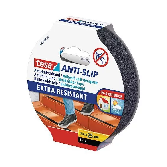 Csúszásgátló szalag, Tesa Anti-slip, fekete, 2,5 cm x 5 m, beltéri és kültéri, nagyon erős tapadás, kézzel téphető, ellenálló