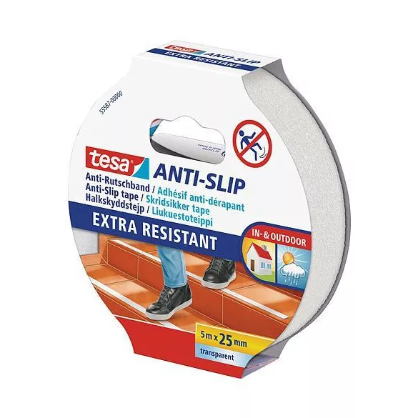 Csúszásgátló szalag, Tesa Anti-slip, átlátszó, 2,5 cm x 5 m, beltéri és kültéri, nagyon erős tapadás, kézzel téphető, ellenálló