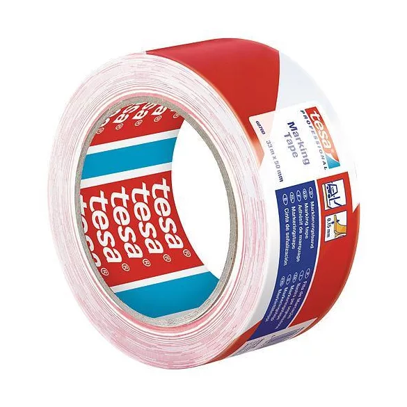 Figyelmeztető szalag, Tesa Pro Marking, piros/fehér, 5 cm x 33 m, erős tapadás, kézzel téphető, akadályok, veszélyes területek jelölésére