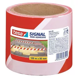   Figyelmeztető szalag, Tesa Signal, piros/fehér, 8 cm x 100 m, nem tapadó, UV-álló (3 hónap), karcálló, akadályok, veszélyes területek jelölésére