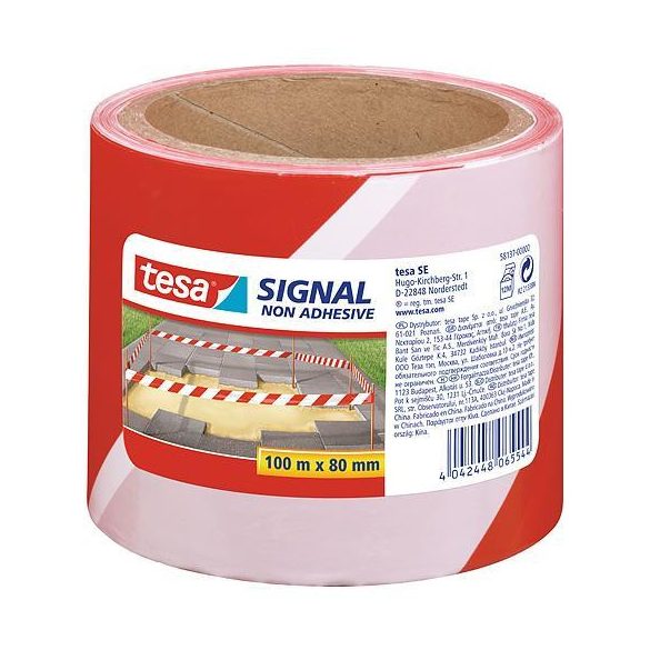 Szalag tesa® SIGNAL, 80 mm, figyelmeztető, piros/fehér, Hossz: 100 m
