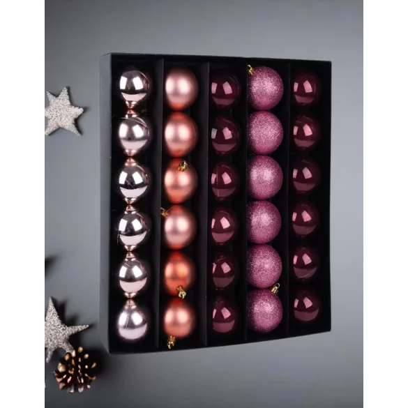 MagicHome karácsonyi gömbok, 30 db, réz-rózsaszín, mix, karácsonyfára, 6 cm