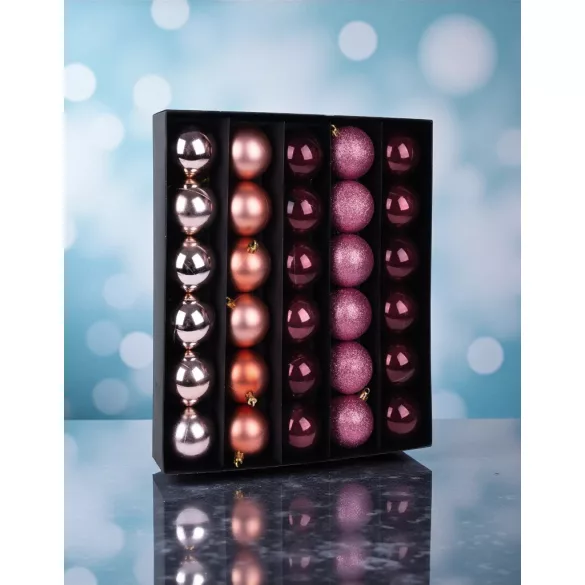 MagicHome karácsonyi gömbok, 30 db, réz-rózsaszín, mix, karácsonyfára, 6 cm