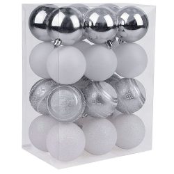   MagicHome karácsonyi gömbök, 24 db, fehér-ezüst, mix, karácsonyfára, 6 cm