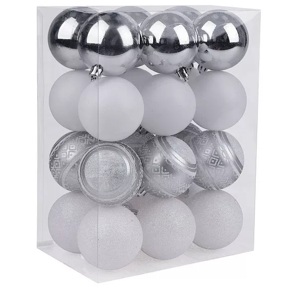 MagicHome karácsonyi gömbök, 24 db, fehér-ezüst, mix, karácsonyfára, 6 cm