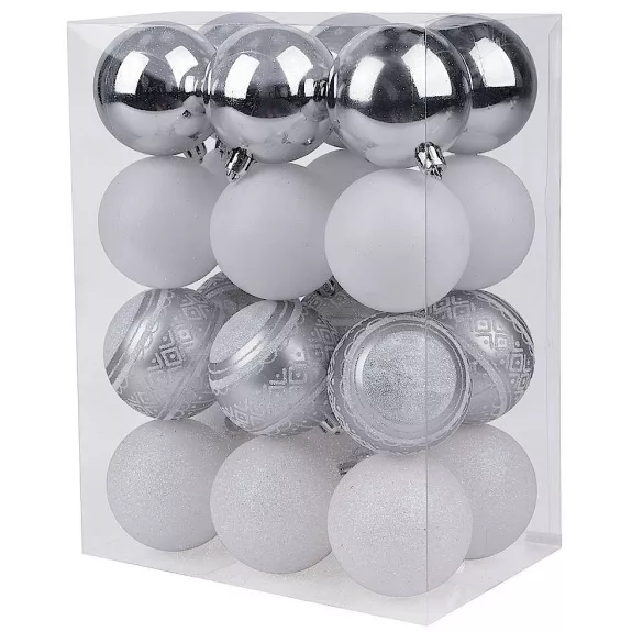 MagicHome karácsonyi gömbök, 24 db, fehér-ezüst, mix, karácsonyfára, 6 cm