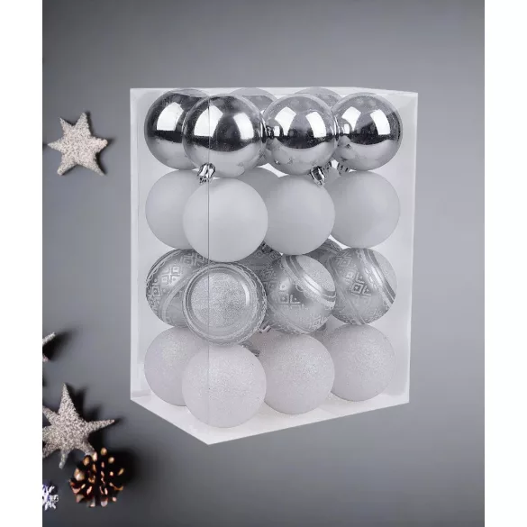 MagicHome karácsonyi gömbök, 24 db, fehér-ezüst, mix, karácsonyfára, 6 cm