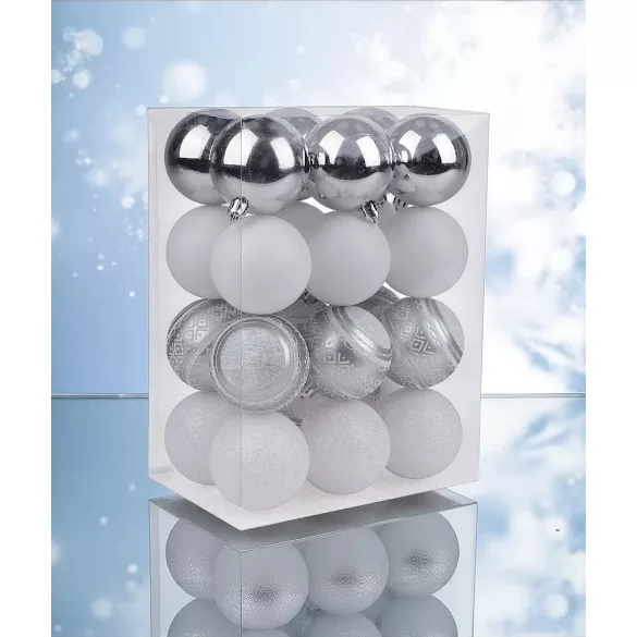 MagicHome karácsonyi gömbök, 24 db, fehér-ezüst, mix, karácsonyfára, 6 cm